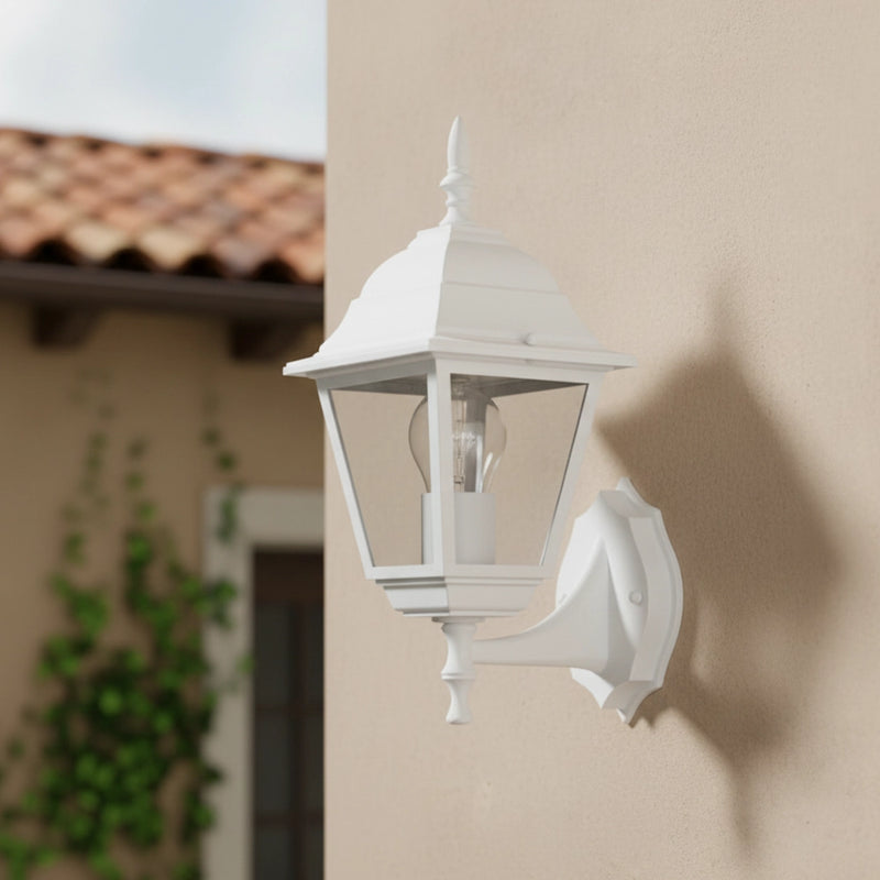 applique da esterno bianca ip44 con lanterna in alluminio e vetri trasparenti