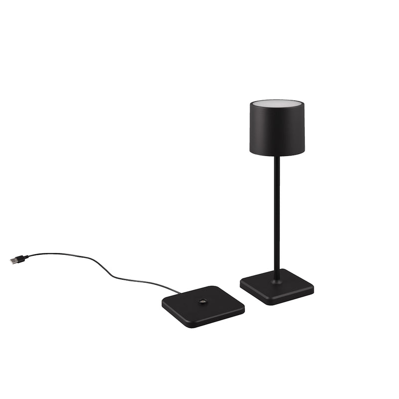 Lampada da tavolo nera a batteria con intensità regolabile e luce bianca selezionabile.