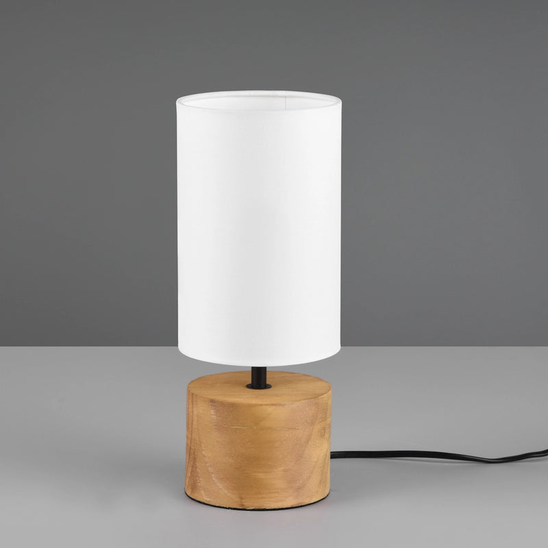 Lampada moderna in legno naturale paralume tessuto bianco