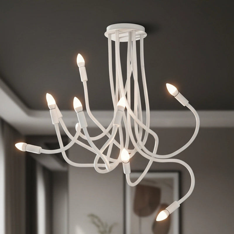 Lampada da soffitto contemporanea bianca con nove tubi flessibili per giochi di luce creativi