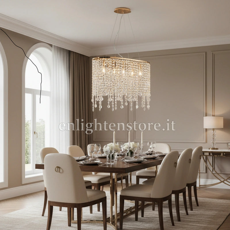 lampadario breeze a sospensione classico chic 5 luci in metallo oro lucido con cristalli k9
