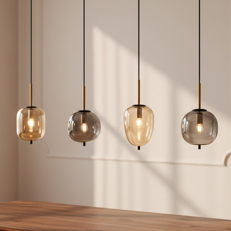 lampada a sospensione elegante per soggiorno e cucina 4 luci in metallo nero e oro con vetri grigi e ambra