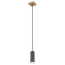 Lampada a sospensione Robby con diffusore cilindrico grafite opaco cavo nero e base effetto legno