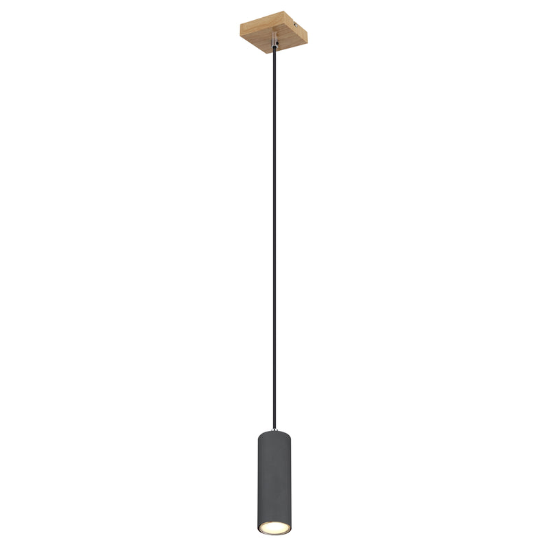 Lampada a sospensione Robby con diffusore cilindrico grafite opaco cavo nero e base effetto legno