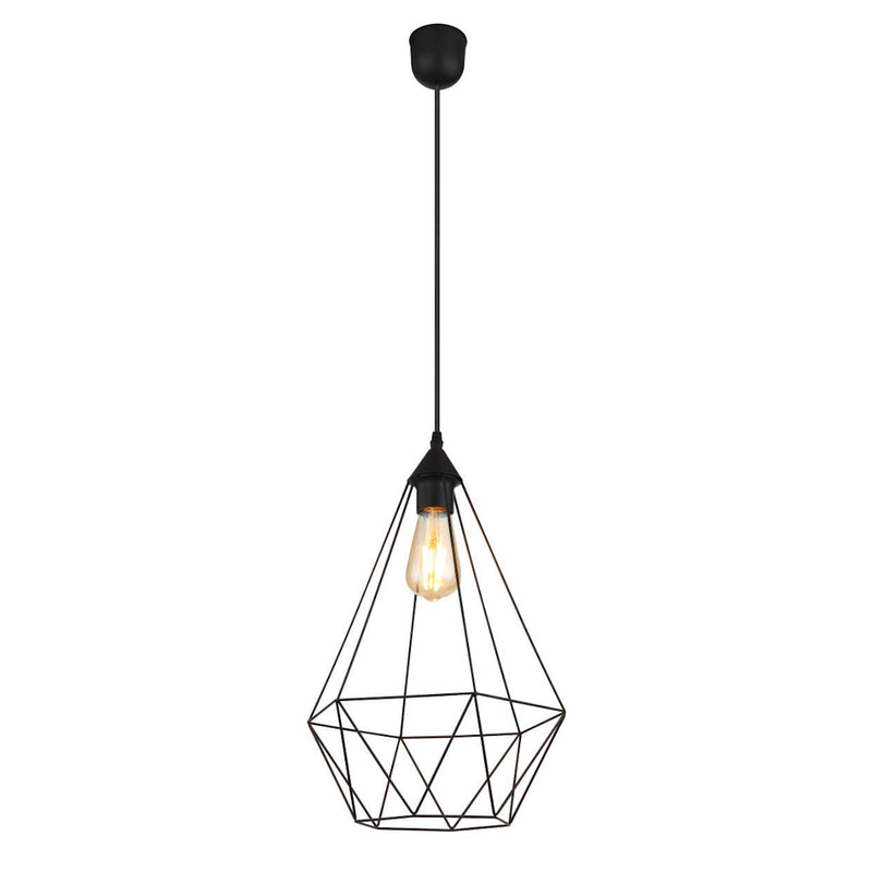 Lampada a sospensione Zachary in metallo nero opaco con paralume geometrico a diamante e struttura aperta