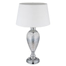 Lampada da tavolo elegante con base cromata vetro argentato e paralume bianco in tessuto