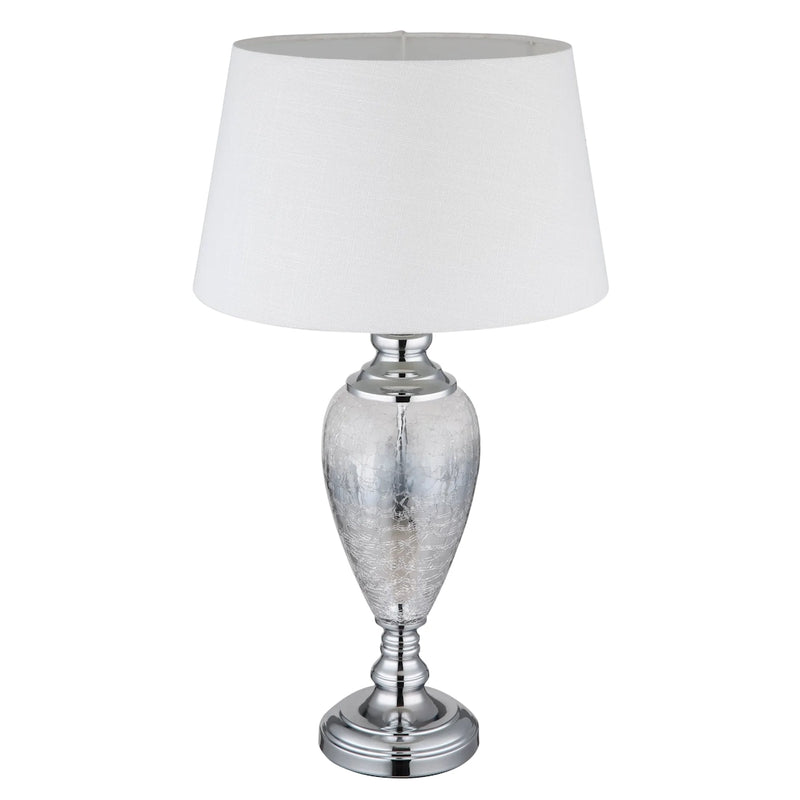 Lampada da tavolo elegante con base cromata vetro argentato e paralume bianco in tessuto