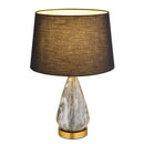 Lampada da tavolo Kisa in metallo ottone opaco con base effetto marmo e paralume nero in tessuto