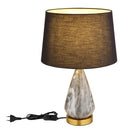 Lampada da tavolo Kisa in metallo ottone opaco con base effetto marmo e paralume nero in tessuto