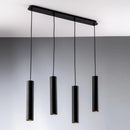 lampadario moderno nero a sospensione con quattro tubi in metallo
