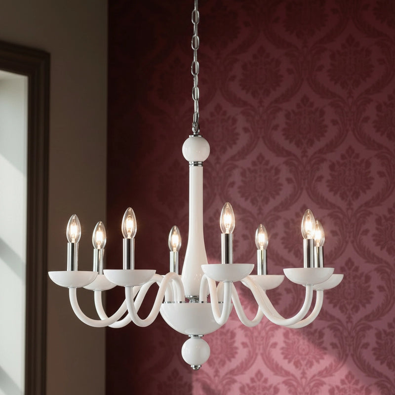 Lampadario Alfiere stile chandelier con vetro soffiato bianco per interni modern classic e ambienti chic