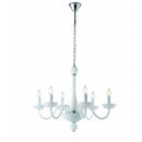 Lampadario classico Alfiere a 6 luci in vetro soffiato bianco con bracci curvi e finiture cromo