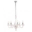 Lampadario classico Alfiere a 8 luci in vetro soffiato bianco con bracci curvi e dettagli cromati