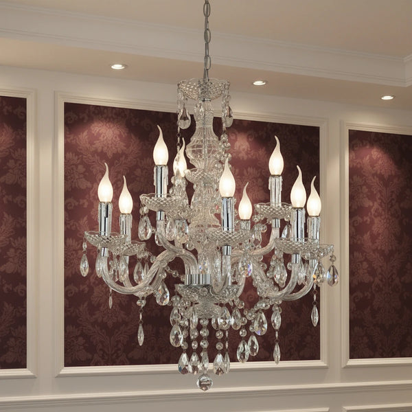 Lampadario chandelier a due livelli con nove luci E14 in acrilico trasparente e finiture cromate per grandi ambienti