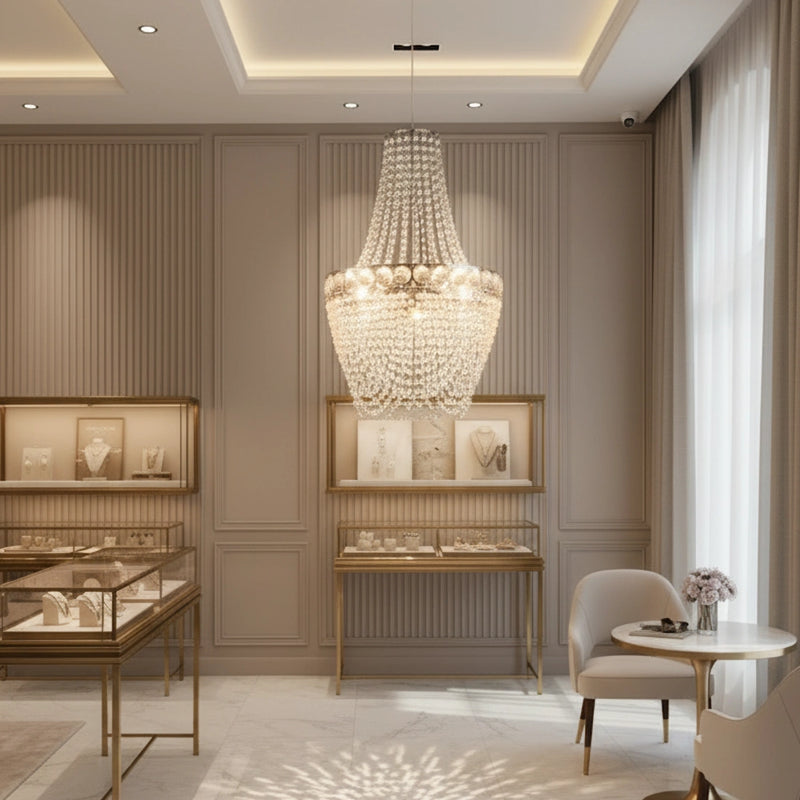 Lampadario a sospensione con struttura cromata e dettagli in cristallo acrilico