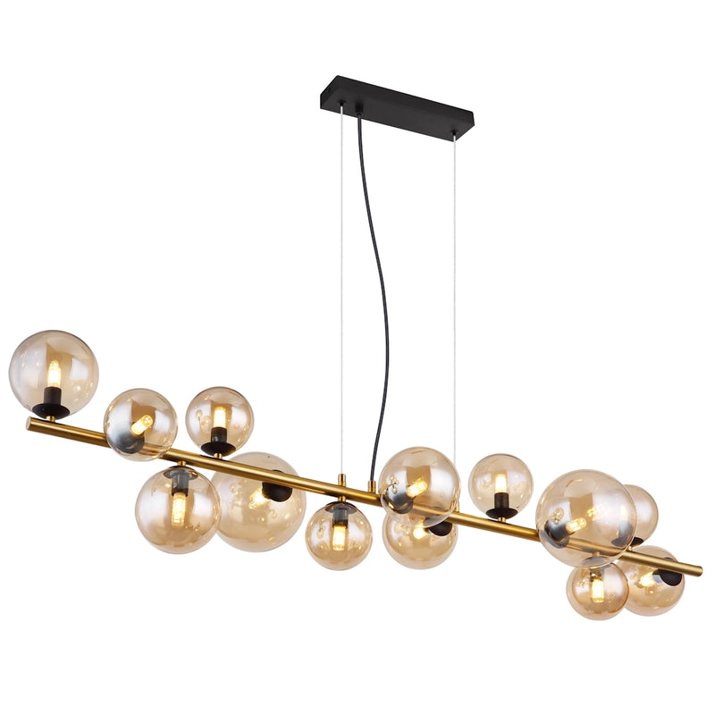 lampadario classico riha 13 luci in metallo dorato con sfere in vetro ambra