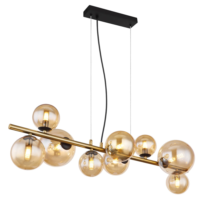 lampadario classico riha 9 luci in metallo dorato con sfere in vetro ambra