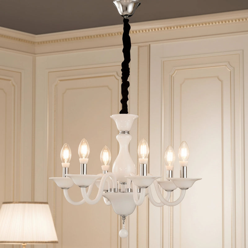 Lampadario classico Soffio a 6 luci in pasta di vetro bianco con bracci curvi e dettagli cromati