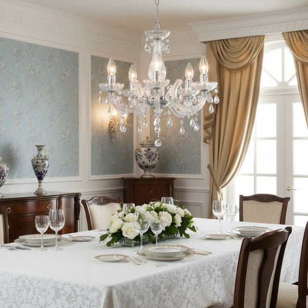 Lampadario chandelier classico 5 luci in acrilico trasparente e metallo cromato