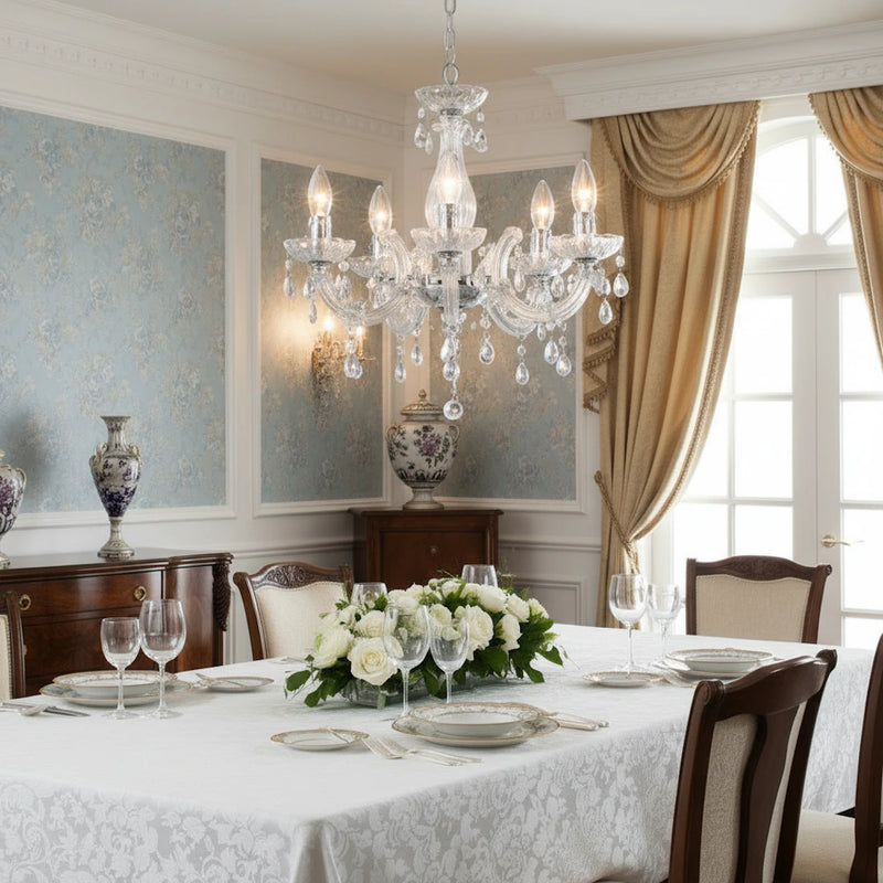 Lampadario chandelier classico 5 luci in acrilico trasparente e metallo cromato