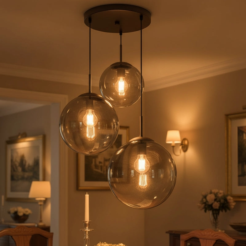 Lampadario a sospensione Varus nero 3 sfere in vetro ambrato