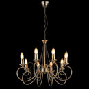 Lampadario in metallo color ottone antico con struttura a bracci curvati dal gusto tradizionale