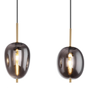 Lampadario in metallo ottone satinato con diffusori in vetro trasparente grigio fumé di forme diverse