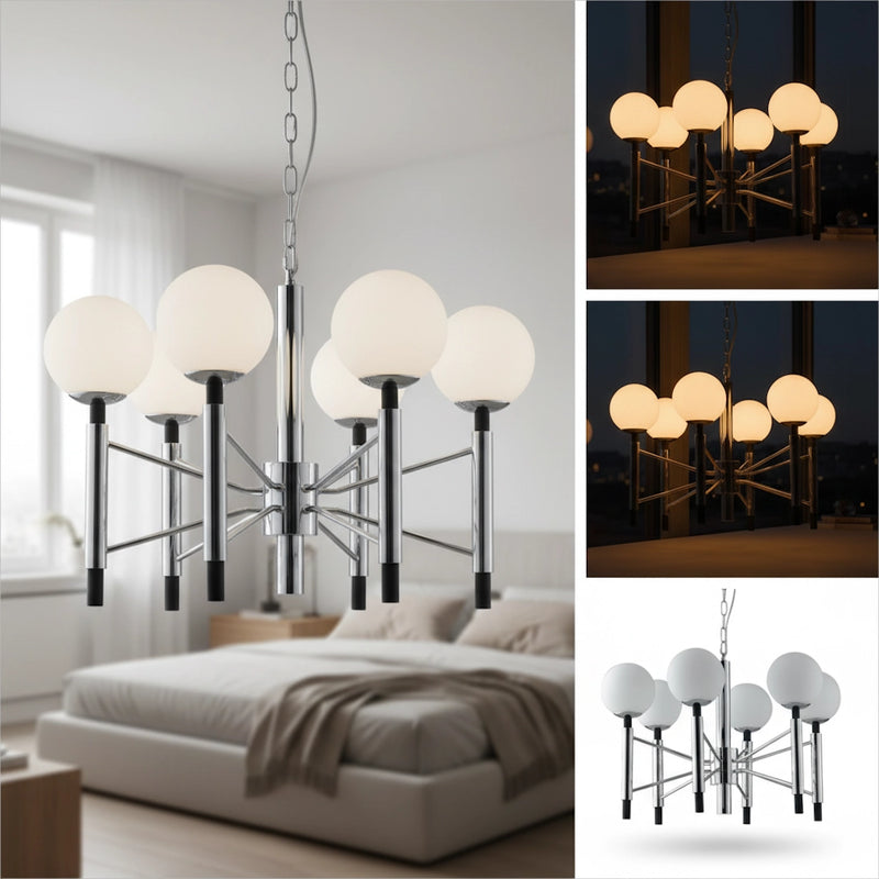 Lampadario a sospensione moderno finitura crono con 6 luci e sfere in vetro bianco opale