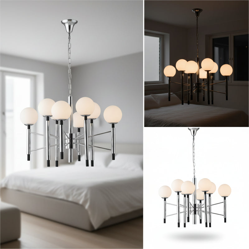 Lampadario ad 8 luci dal design moderno in metallo cromato e sfere in vetro bianco