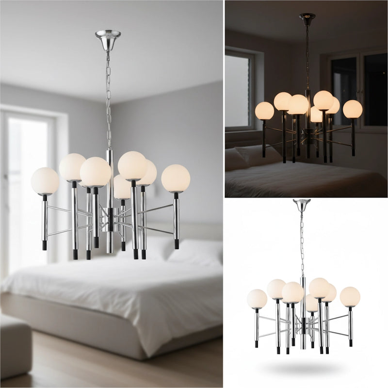 Lampadario ad 8 luci dal design moderno in metallo cromato e sfere in vetro bianco