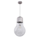 lampadario moderno a lampadina gigante in metallo cromato e vetro trasparente diametro 30 cm