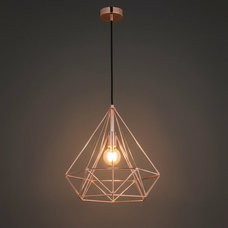 lampadario a sospensione rame lucido con lampadina e27 a vista