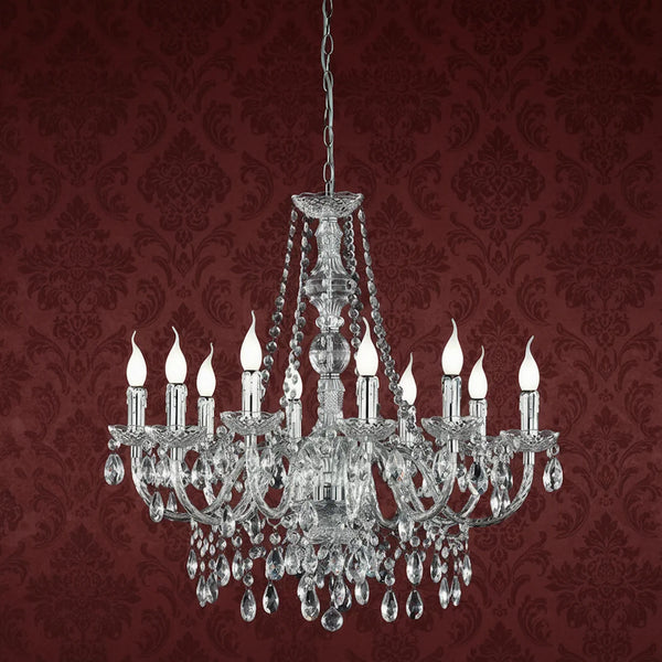 Lampadario a sospensione con dieci luci E14 in acrilico trasparente e metallo ideale per ambienti eleganti