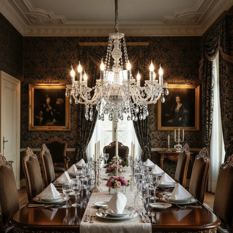 Lampadario grande diametro con struttura in acrilico trasparente e dettagli in metallo per saloni raffinati