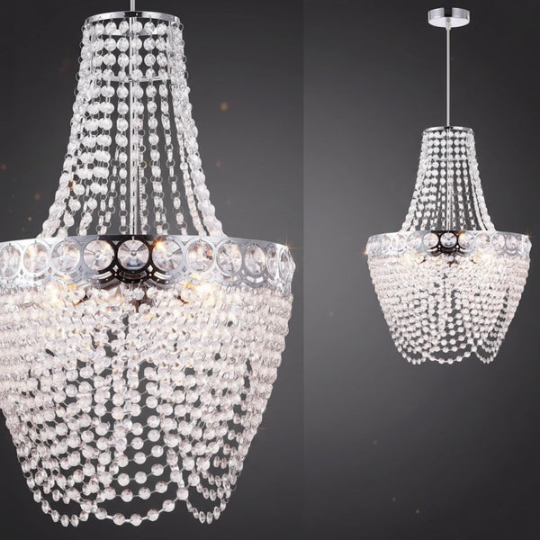 Lampadario classico a sospensione in metallo cromato con pendenti in cristallo acrilico trasparente e 3 luci E27