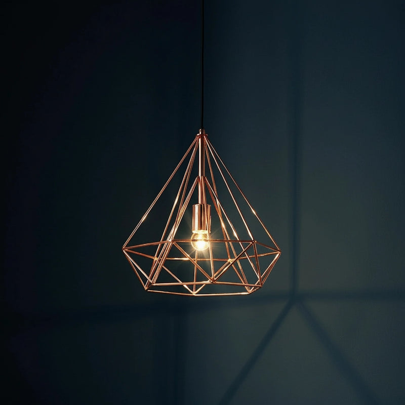 lampadario gabbia cage rame lucido in metallo a forma di diamante