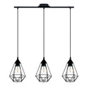 Lampadario nero a sospensione con struttura a diamante e tre portalampada E27 ideale per cucina e sala da pranzo
