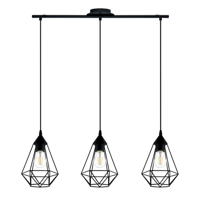 Lampadario nero a sospensione con struttura a diamante e tre portalampada E27 ideale per cucina e sala da pranzo