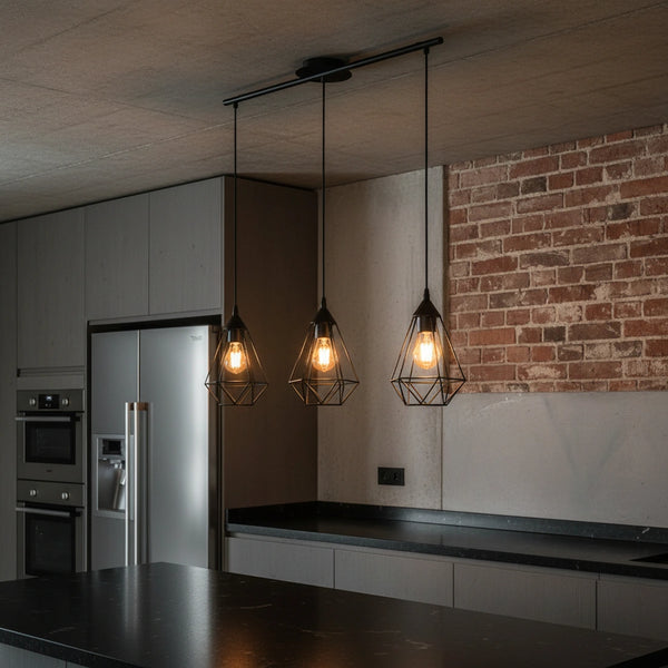 Lampadario a sospensione con tre luci in metallo nero a forma di diamante con attacco E27 e altezza regolabile per soggiorno moderno