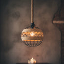 Lampadario vintage per locali ristoranti e spazi commerciali con finitura nera e dettaglio in corda naturale