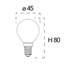 Disegno tecnico della lampadina LED E14 a sfera G45 con diametro 45 mm e altezza 80 mm