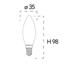 Disegno tecnico della lampadina LED E14 a candela con diametro 35 mm e altezza 98 mm