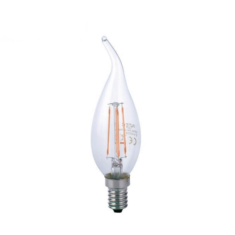 Lampadina LED E14 Colpo di Vento da 4W e 470 lumen, con filamenti a vista, vetro trasparente e forma a fiamma ricurva, disponibile in 2700K, 4000K e 6500K