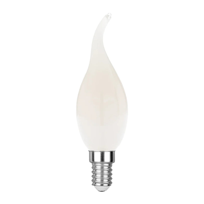 Lampadina LED E14 Colpo di Vento da 6W e 680 lumen, a filamento con vetro opale bianco e forma a fiamma ricurva, disponibile in 2700K, 4000K e 6500K