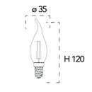 Disegno tecnico della lampadina LED E14 Colpo di Vento con diametro 35 mm e altezza 120 mm