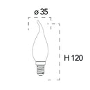 Disegno tecnico della lampadina LED E14 Colpo di Vento con diametro 35 mm e altezza 120 mm