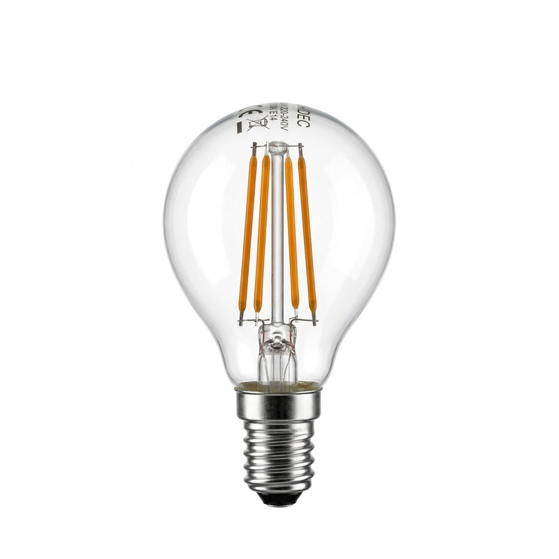 Lampadina LED E14 a Sfera G45 4W a Filamento in Vetro Trasparente – 2700K, 4000K o 6500K