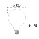Disegno tecnico della lampadina LED E27 Globo G125 con diametro 125 mm e altezza 175 mm