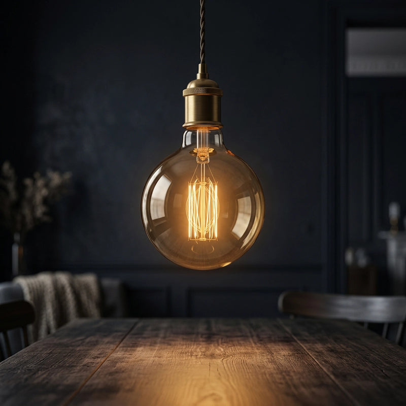 Lampadina LED E27 Globo G125 con filamenti visibili attraverso il vetro ambrato