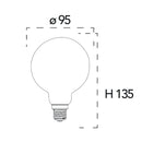 Disegno tecnico della lampadina LED E27 Globo G95 con diametro 95 mm e altezza 135 mm
